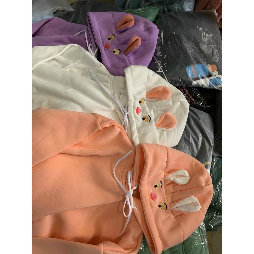 Áo Khoăc Hoodie Chui Đầu Nón Tai Thỏ Dễ Thương Chất Liệu Nỉ PE Mềm Mịn Trang Phục Mà Đông