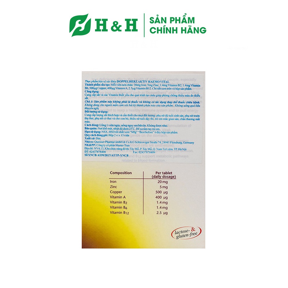 Viên uống bổ sung sắt và các vitamin, ngăn ngừa thiếu máu - Doppelherz Haemo Vital (30 viên)