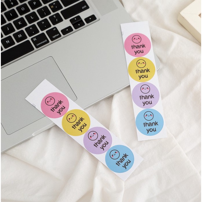 Tem nhãn dán cảm ơn, lời chúc tốt đẹp. Set 4 sticker thanks you mặt cười hình tròn, best wishes hình trái tim tự dính