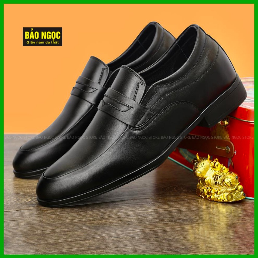 Giày tăng chiều cao nam da bò Bảo Ngọc Store - Giày lười nam tăng chiều cao màu đen - Mã TC8856 Đen