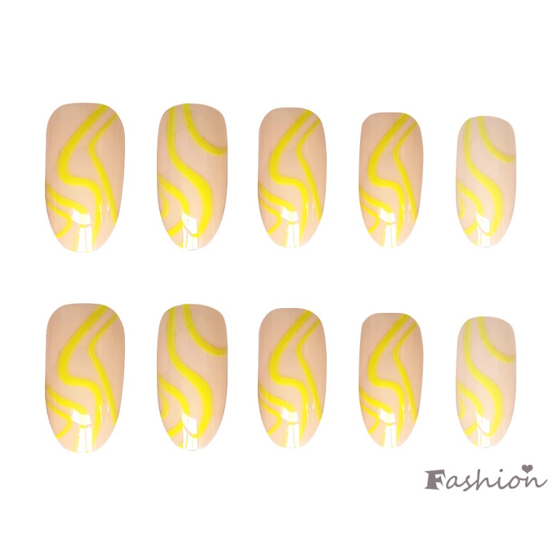 Bộ 24 Miếng Dán Móng Tay Đầu Tròn Màu Vàng Có Thể Tháo Rời