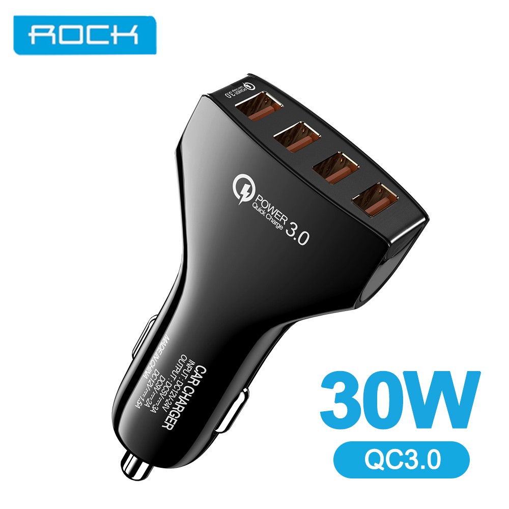 Cốc Sạc Xe Hơi Rock 4 Cổng USB Sạc Nhanh QC3.0 Cho Điện Thoại Di Động iPhone Xiaomi Samsung Huawei