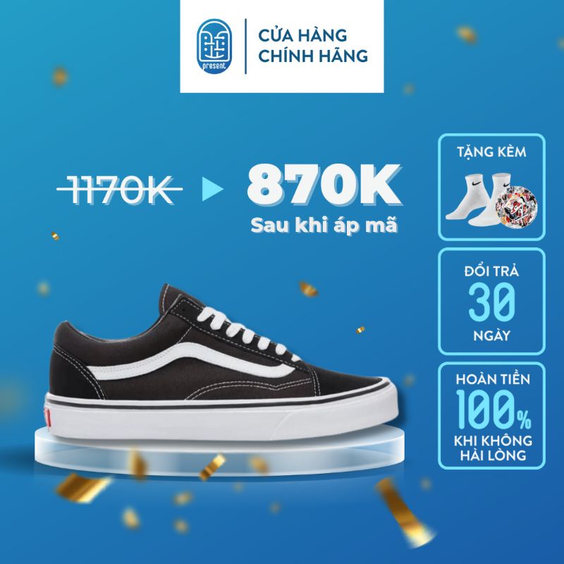 Giày sneaker Vans Old Skool chính hãng màu Black White cho nam nữ, Vans real thấp cổ, fullbox Present Original Sneaker