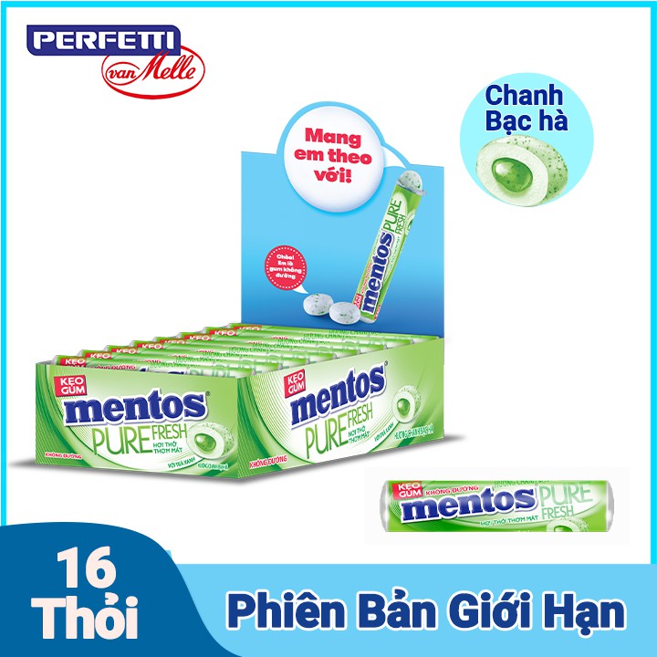 Kẹo Gum Không Đường Mentos Pure Fresh Dạng Thỏi Hương Chanh Bạc Hà (Hộp 16 Thỏi)