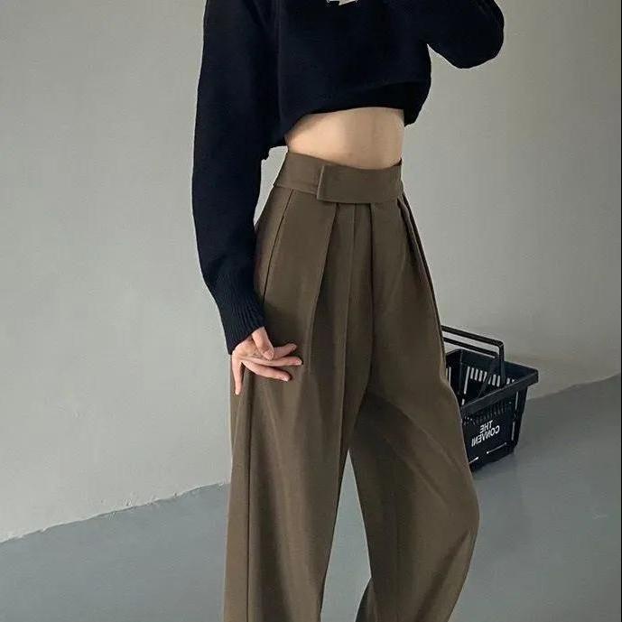 Quần dài ống rộng lưng cao màu đen/xám thời trang xuân thu cho nữ