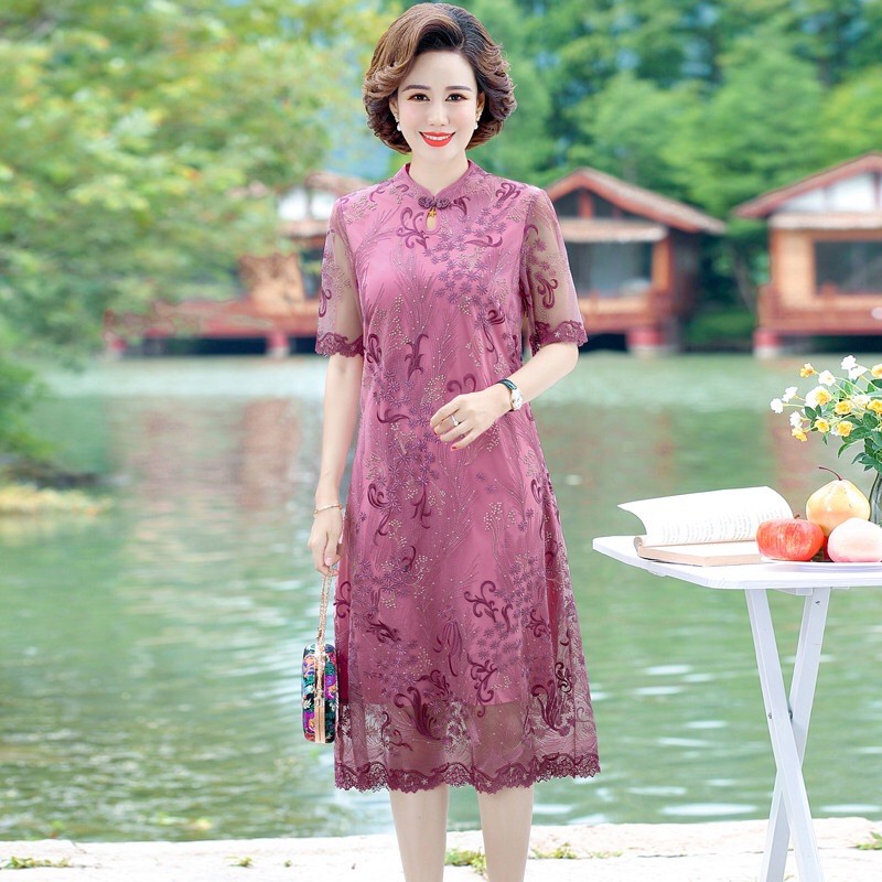 Đầm voan trung niên nữ cao cấp, thiết kế hoạ tiết thêu hoa lá trẻ trung, phối viền ren sang trọng  NV0649