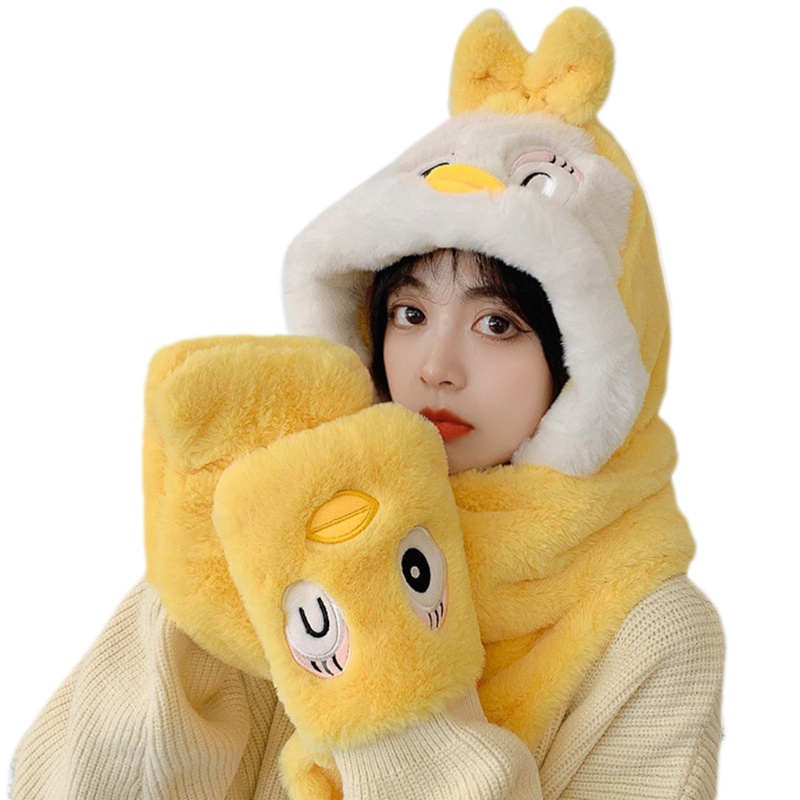 Nón Khăn Choàng Cổ 3 Trong 1 Kèm Găng Tay Giữ Ấm Mùa Đông Kiểu Dáng Hoạt Hình Dễ Thương Dành Cho Nữ