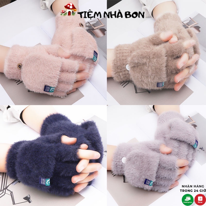 Tất tay len hở ngón nữ, Găng tay len hở ngón vải lông nhung mềm giữ ấm mùa đông thời trang cho nữ