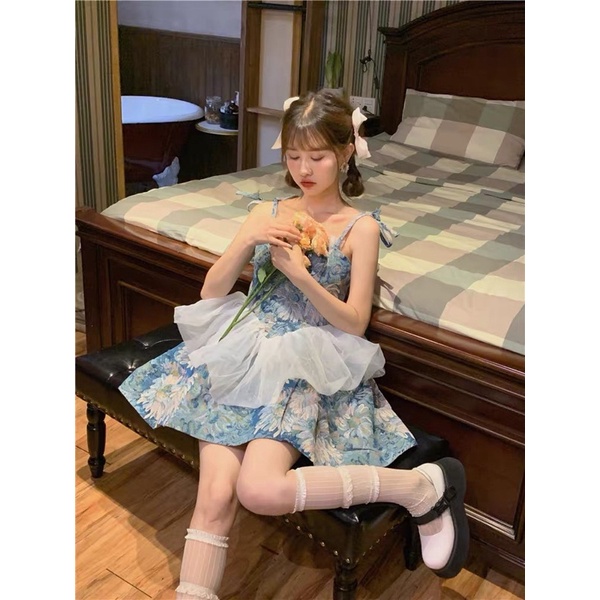 GINA DRESS Đầm xanh hoạ tiết hoa sơn dầu vintage phong cách cổ điển thanh lịch SAM SAM BOUTIQUE