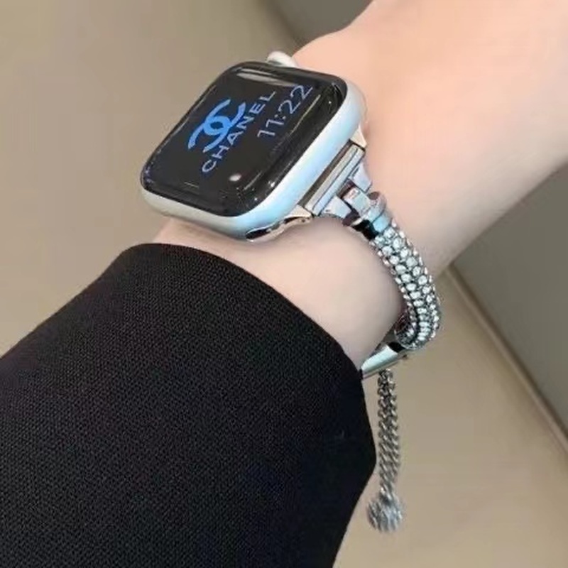Dây Đeo Đồng Hồ Bằng Thép Không Gỉ Đính Kim Cương Giả 40mm 44mm 41mm 45mm Cho iWatch 7 6 SE 5 4 3