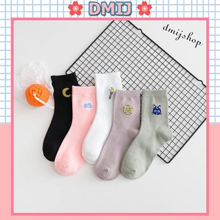 Set 5 đôi tất nữ cổ cao nhiều màu vớ nữ cổ cao hình mèo mặt trăng TD42