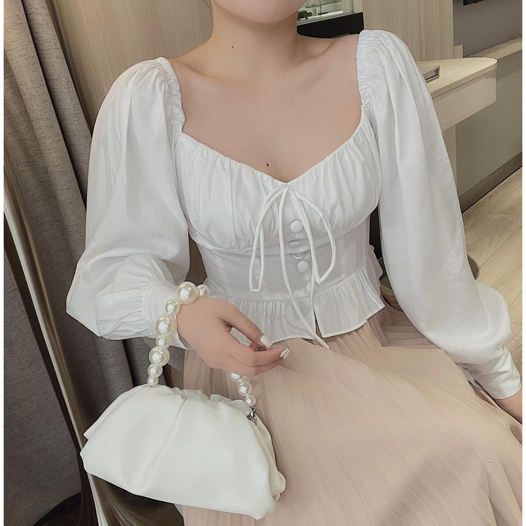 Set áo trắng, chân váy dài xếp ly hottren