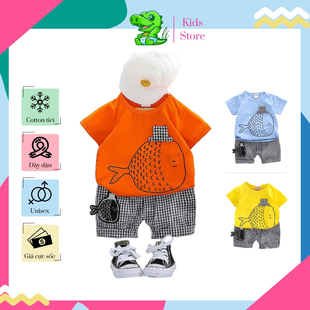 Đồ bộ cho bé, bộ quần áo họa tiết hình cá ngắn tay chất liệu cotton cho bé trai, bé gái 1 - 6 tuổi B025