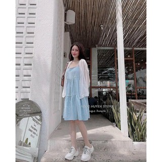 Set váy đầm 2 dây hoa nhí mix khoác ren cao cấp