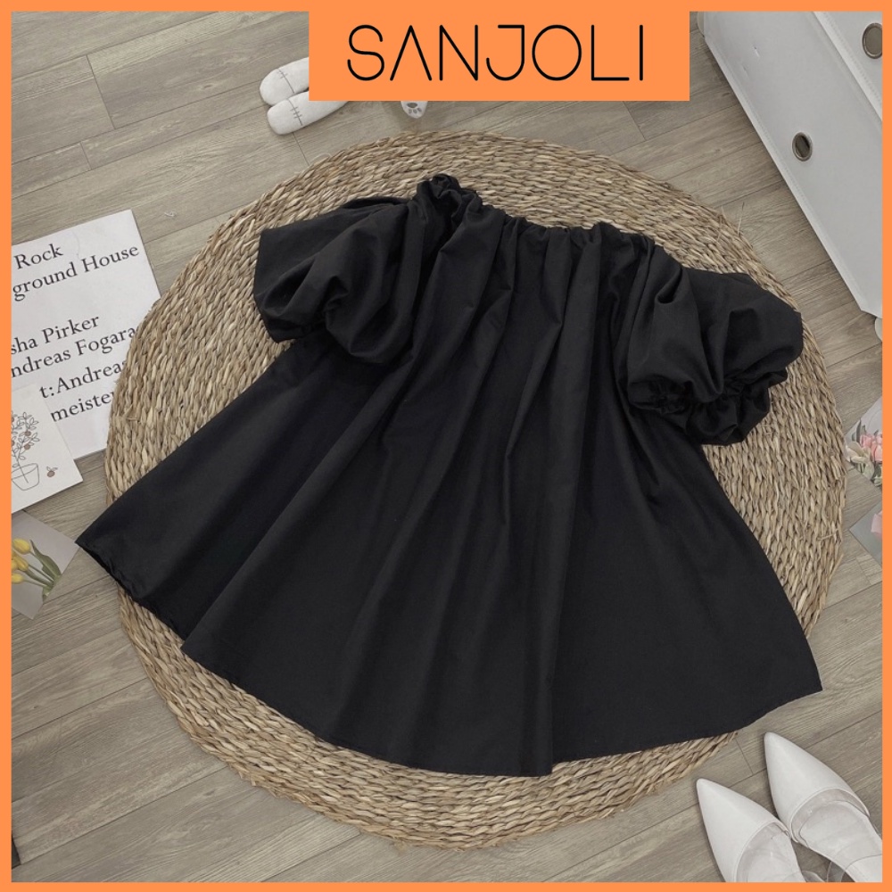 Áo Hở Vai SANJOLI Áo Trễ Vai Bánh Bèo Tay Phồng Kiểu Babydoll Rộng Màu Đen Phong Cách Hàn Quốc Dễ Thương AO053