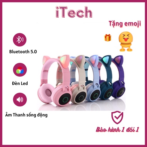 Tai Nghe Mèo Bluetooth Không Dây Chụp Tai Có Mic Đèn Led Màu Hồng Dễ Thương Pin Khủng Chống Ồn - Tai nghe livestream