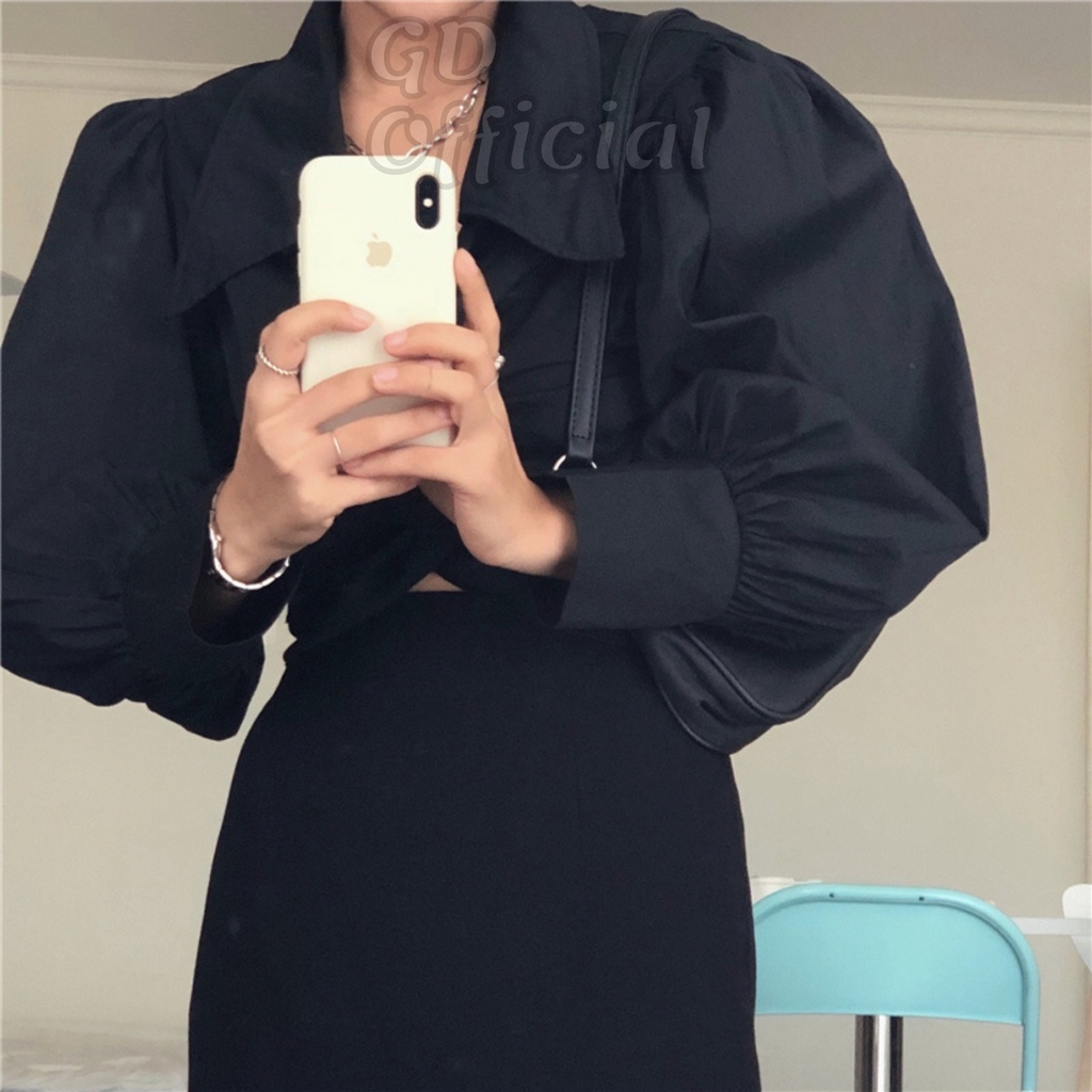 A54|Áo sơ mi nữ thắt lưng eo cá tính hở ngực dáng croptop màu trắng, đen GD Official
