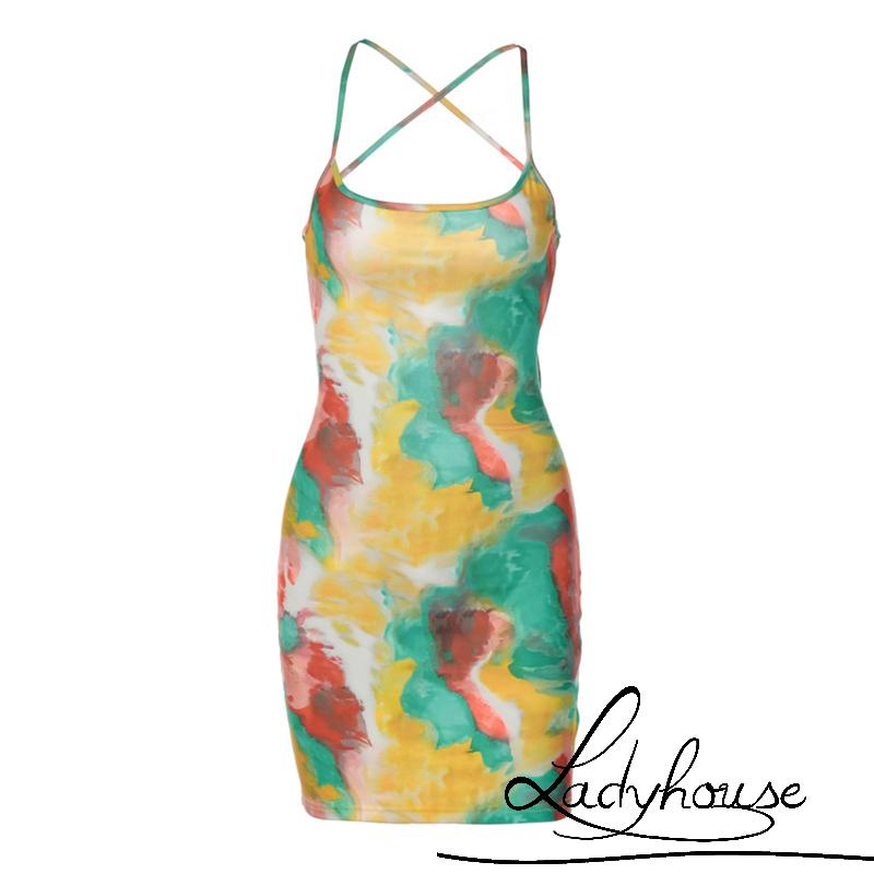 Đầm không tay dáng ôm Hở Lưng Cắt Sâu Nhuộm Họa Tiết Màu Loang Thời Trang Mùa Hè Cho Nữ