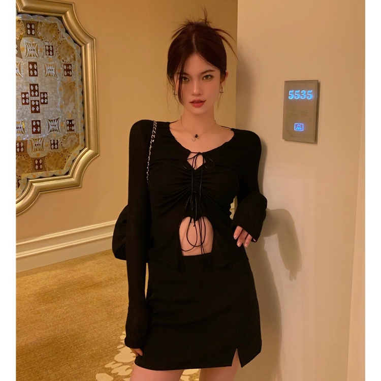 QKOOLE Áo thun croptop  tay dài phong cách Hàn Quốc thời trang cho nữ