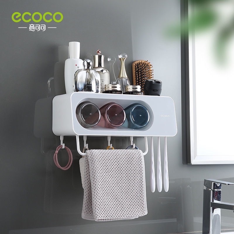 Kệ cắm bàn chải 3 cốc để đồ treo khăn Ecoco không cần khoan tường cao cấp mẫu mới 2021 EL