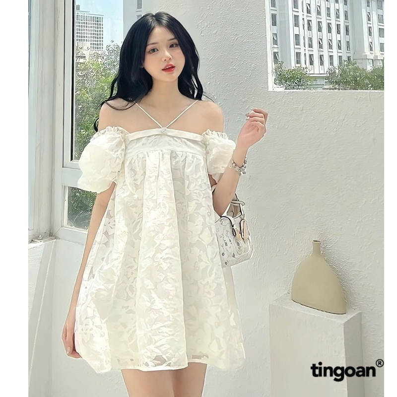 TINGOAN® - Áo babydoll bồng 3 lớp mặc được 2 kiểu vân hoa trắng kèm chi tiết đính cúc ngọc MINI HEART TOP/WH