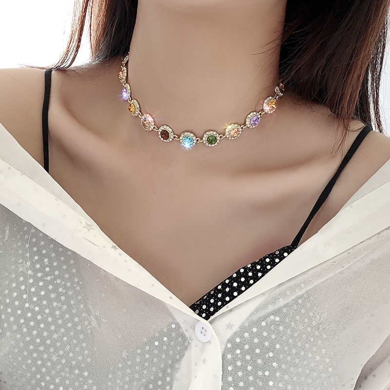 Vòng Cổ Ngắn Mặt Kim Cương Màu Sắc Cầu Vồng Thời Trang Hàn Quốc Năm 2021 Dành Cho Nữ