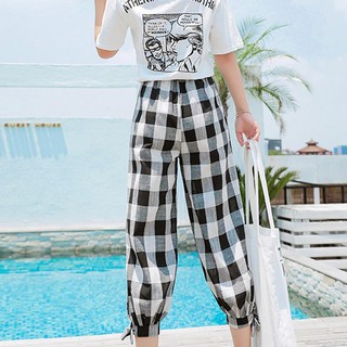 Quần dài lưng cao ống rộng kẻ sọc ca rô năng động trẻ trung dành cho nữ