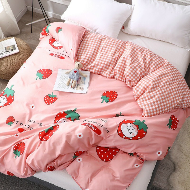 [Set] Ga Gối 💎SALE💎 Bộ drap giường nhẹ họa tiết Dâu hồng nhật hàn quốc chăn ga gia đình chất liệu Cotton cao cấp Linh Vũ