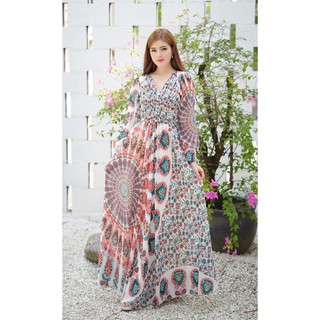 [Hình thật] ĐẦM MAXI TAY DÀI V NHÚN NGỰC DM3828004 MAXI YẾN