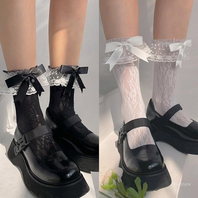 Xixi Đôi Vớ Vải Satin Phối Ren Đính Nơ Họa Tiết Chấm Bi Phong Cách Lolita Nhật Bản Dành Cho Nữ