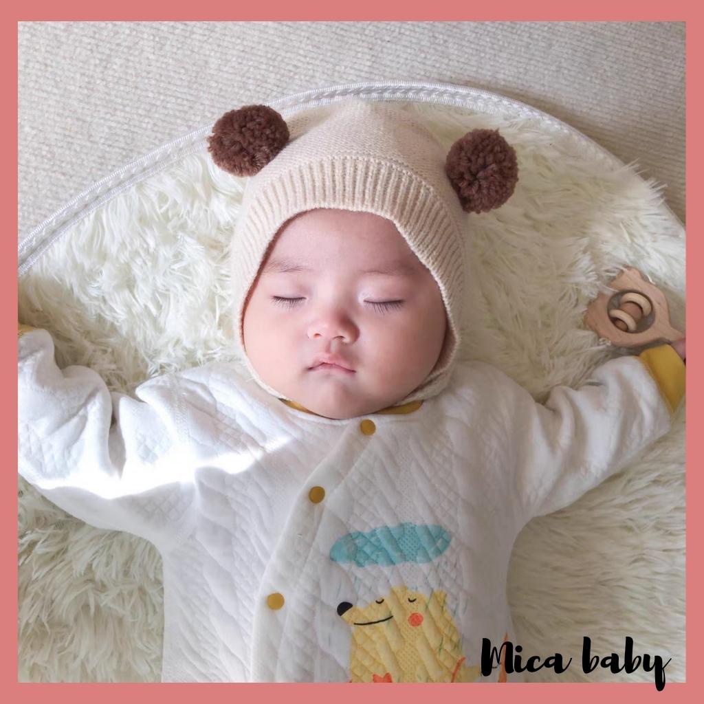 Mũ len màu trơn thiết kế dây buộc đính cục bông thời trang thu đông cho bé ML204 Mica baby