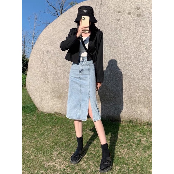 Chân váy bò dài hai khuy xẻ viền | BigBuy360 - bigbuy360.vn