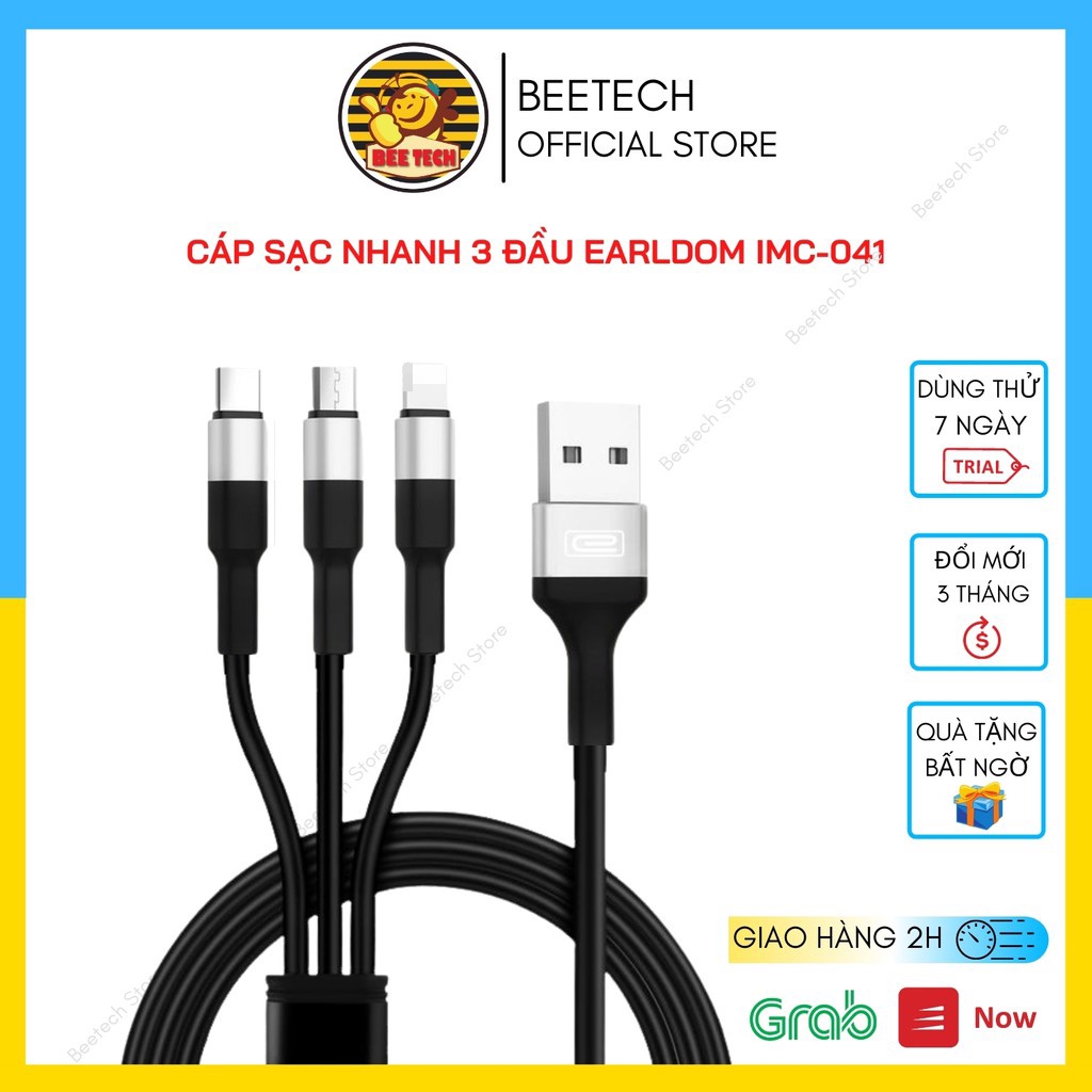 Cáp Sạc 3 Đầu Earldom IMC-041, Dây Dù, Đầu Bọc Kim Loại, Hỗ Trợ Sac Nhanh 3A - Beetech
