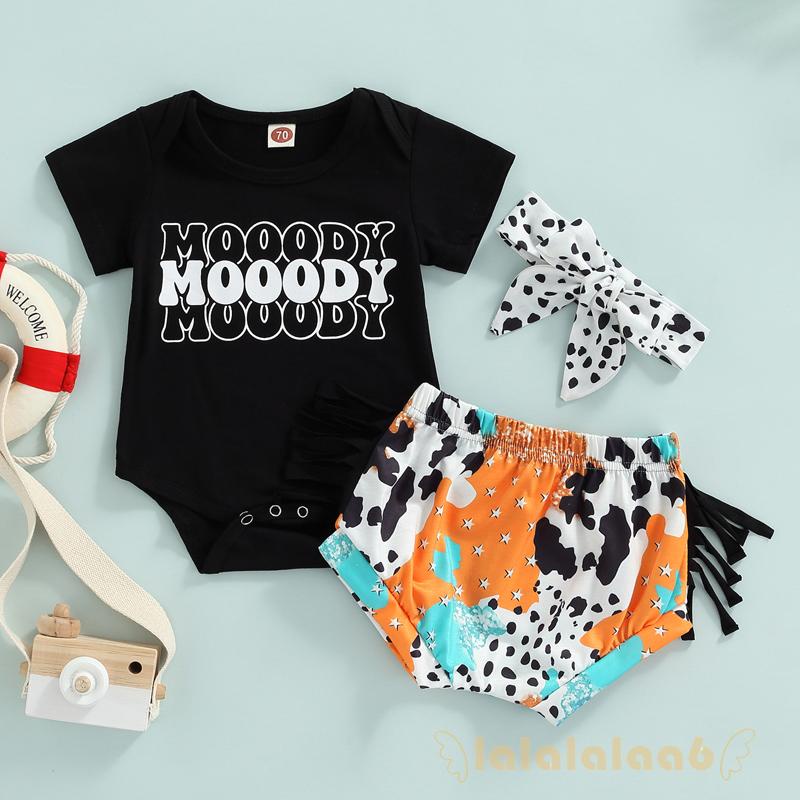 Set Áo Liền Quần Ngắn Tay In Chữ + Quần Short Chấm Bi + Băng Đô Thời Trang Cho Bé Gái