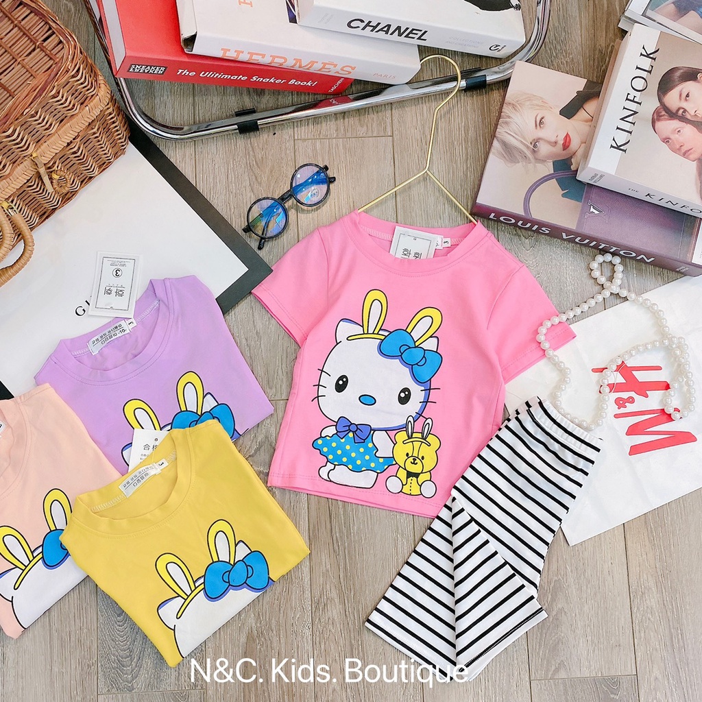 Bộ bé gái cotton tầu mèo Kitty quần legging ngố đùi kẻ sọc nhí đại 8-35kg XHN918