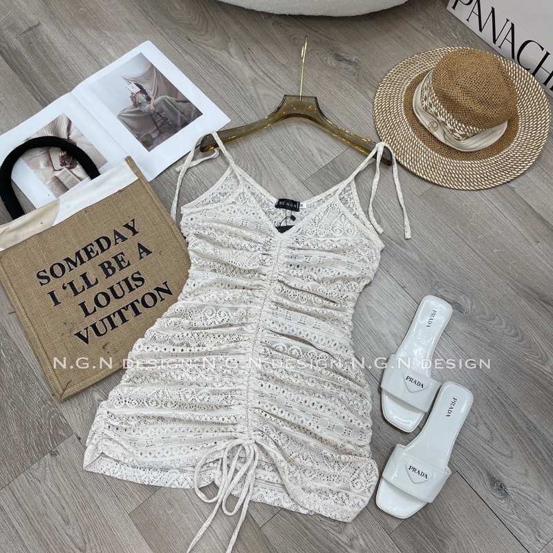 Đầm 2 dây ren rút dây mặc ngoài bikini vân tiny
