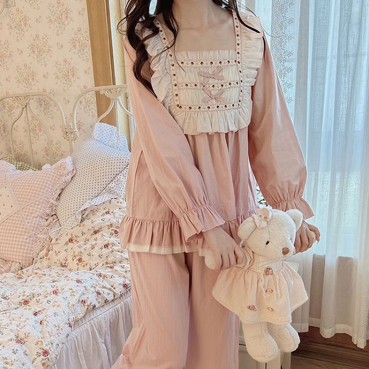 Bộ Đồ Ngủ Tay Dài Cổ Vuông Màu Trơn Dễ Thương Phong Cách Nhật Bản Thời Trang Xuân Thu Cho Nữ