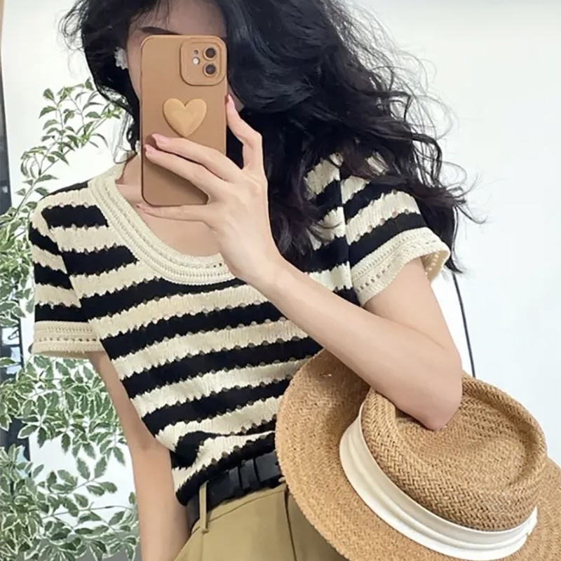 QADCOL  Áo Dệt Kim Ngắn Tay Thời Trang Mùa Hè Hàn Quốc Cho Nữ