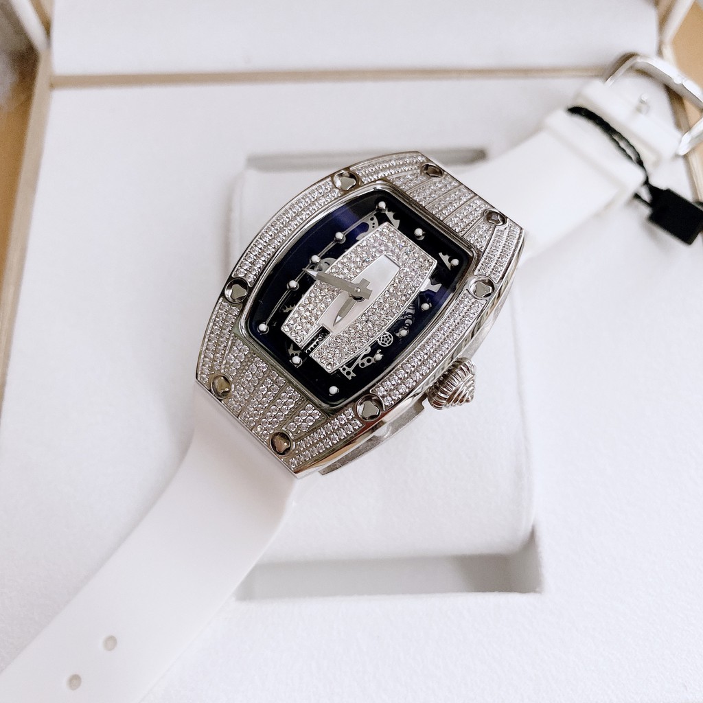 Đồng Hồ Huboler Hanboro Nữ Dây Silicon Trắng Mặt Đính Đá Silver Chính Hãng 31x42mm