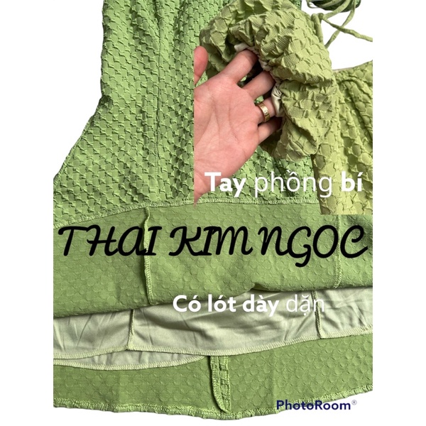 Đầm cổ vuông dạo phố dự tiệc tay phồng gấm ô vuông 2 lớp