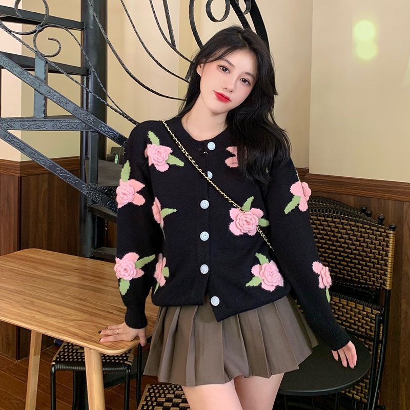 Áo Khoác Cardigan Dệt Kim Họa Tiết Hoa Màu Sắc Tương Phản Cho Nữ  tao bao