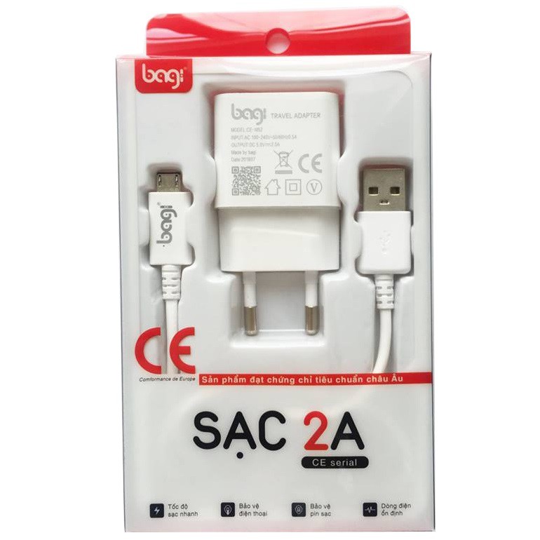 Combo Cáp Sạc & Củ Sạc MicroUSB CB-M52 Cho Samsung, Sony, Oppo,… - Chính Hãng Bagi – Bảo Hành 12 Tháng 1 Đổi 1