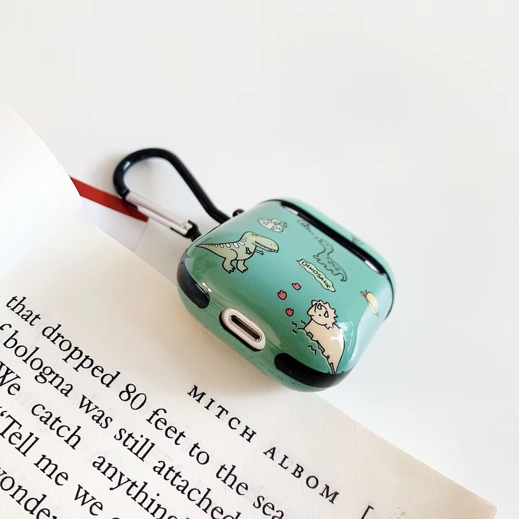 Túi đựng tai nghe Airpods Case có móc khóa họa tiết khủng long dễ thương Green AirPod Soft Case With Keychain