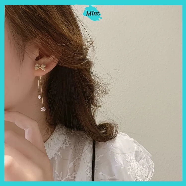 Bông Tai Nữ ❤️KHÔNG GÂY DỊ ỨNG❤️ Khuyên Tai Nơ Thả Đính Đá Chuôi Bạc S925 Phong Cách Hàn Quốc