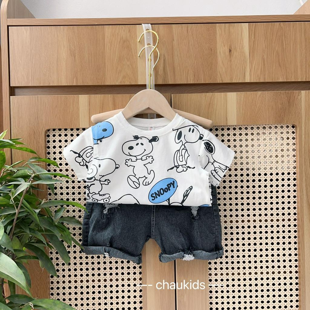 Bộ Quần Áo Cho Bé Trai, Bé Gái Cotton Quần Jeans Họa Tiết SNOOPY Dễ Thương, Đồ Bộ Cho Bé Mặc Đi Chơi Đi Học CK342