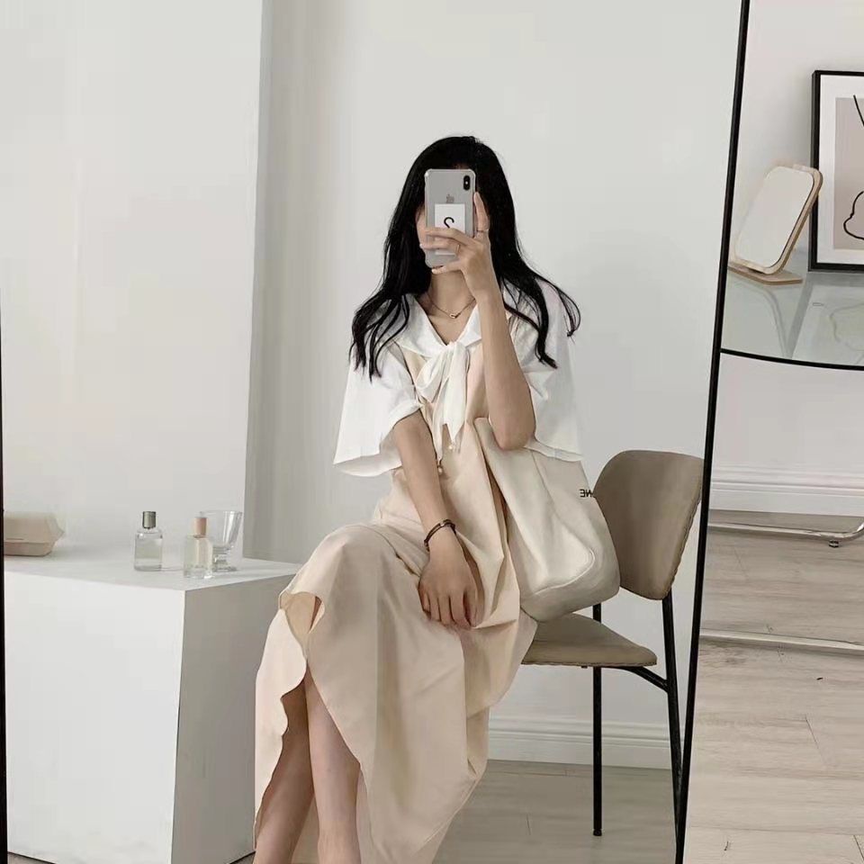 Set áo sơ mi + đầm yếm thắt nơ Perty thời trang Hàn Quốc xinh xắn cho nữ