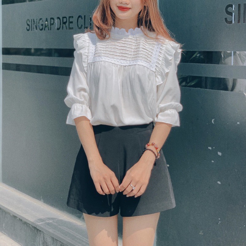 (Ảnh thật) Áo trắng xếp ly pha ren
