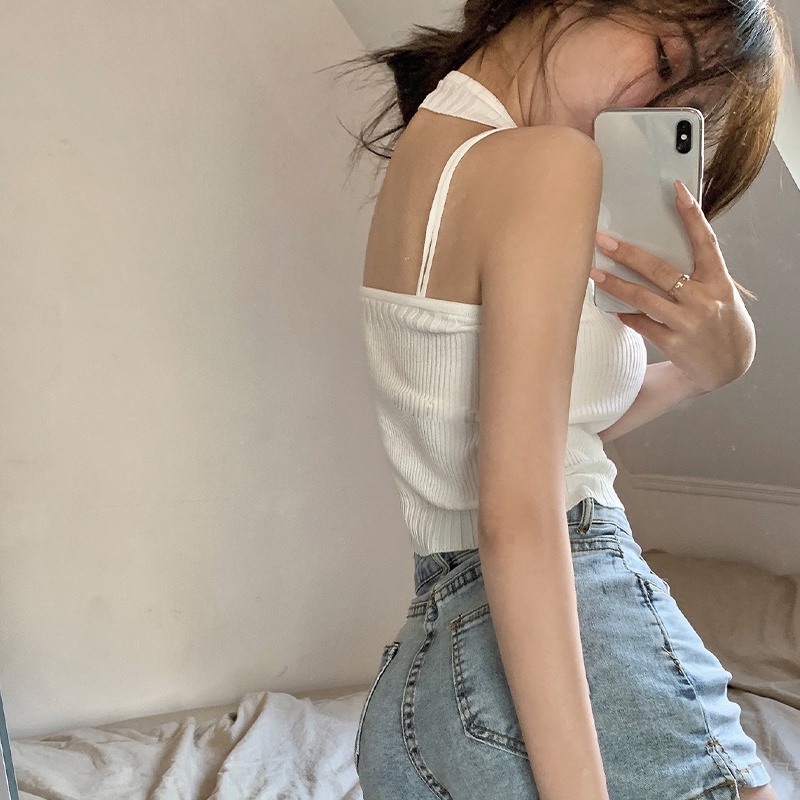 Áo Croptop Hai Dây Dệt Kim Màu Trơn Phối Nút Đơn Giản Thời Trang Cho Nữ