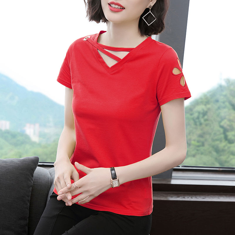 Áo Thun Tay Ngắn Cổ Chữ V Thời Trang Cho Phụ Nữ Trung Niên