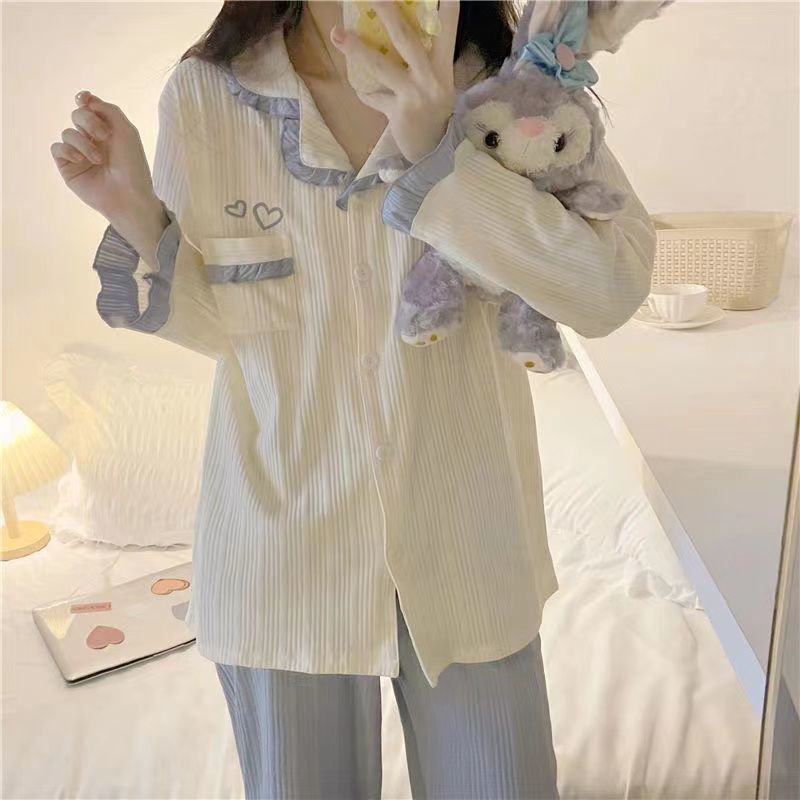 Bộ Đồ Ngủ Tay Dài Cổ Búp Bê In Họa Tiết Trái Tim Dễ Thương Thời Trang Xuân Thu Cho Nữ